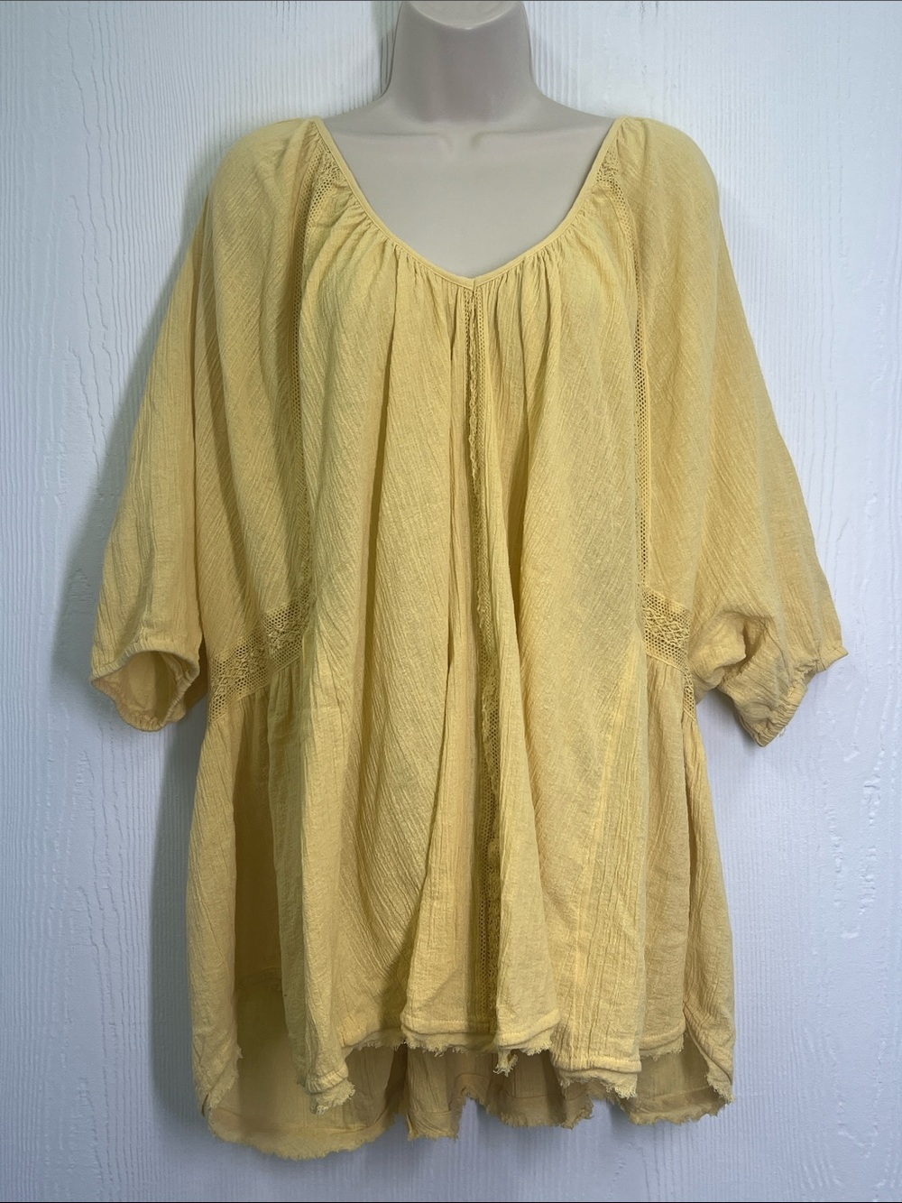 Free People - Baby Yellow Gauze Lace Oversized Open Tie Back Blouse Size Small